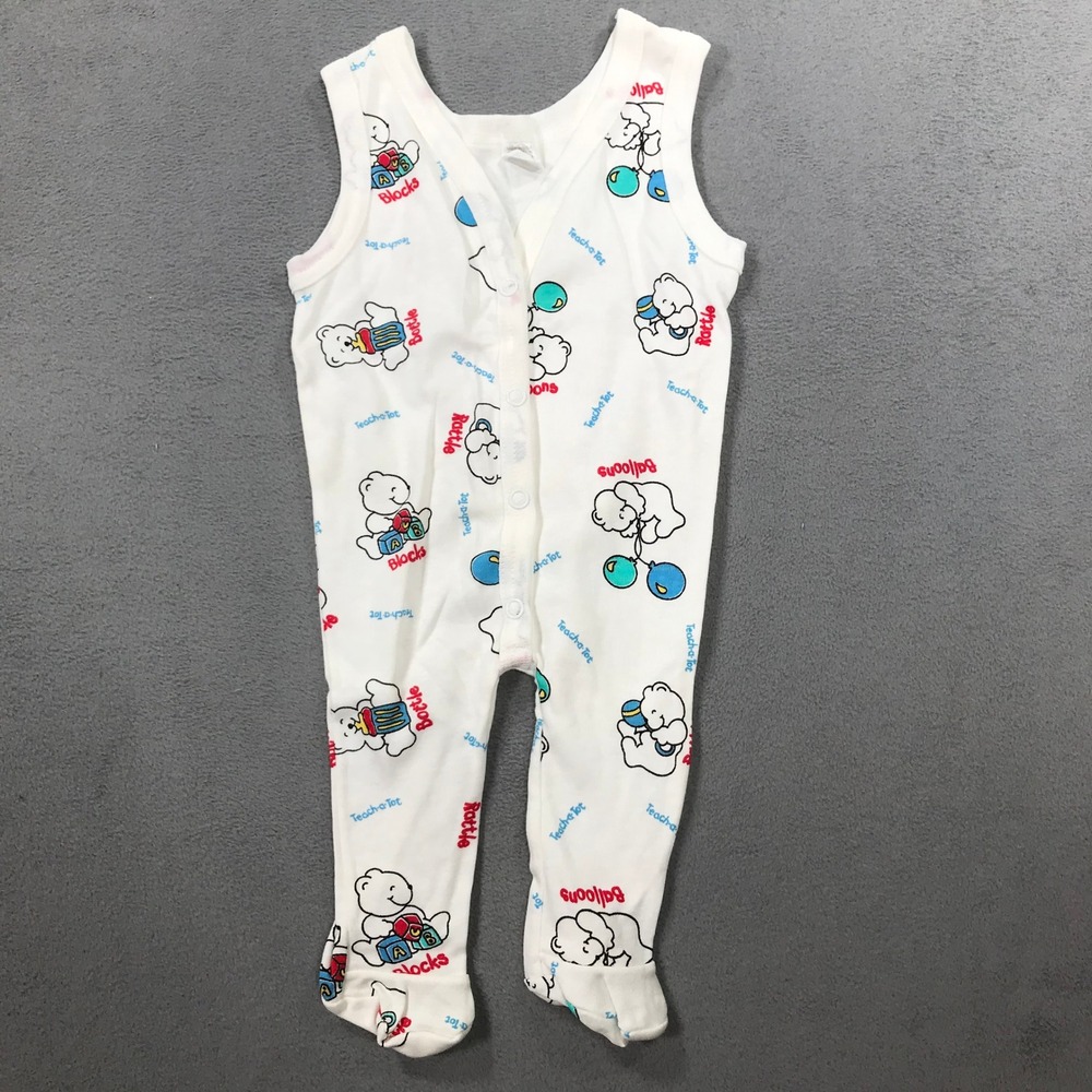 Vintage 80s Fruit of the Loom Tank Sleeper Kids Newborn White Bear Print USA